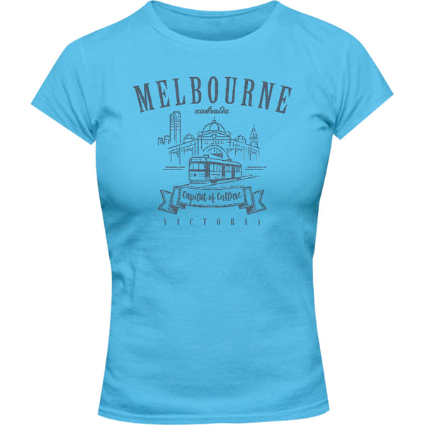 Melbourne Australia Vintage mono - Ladies Slim Fit Tee - Graphic Tees Australia