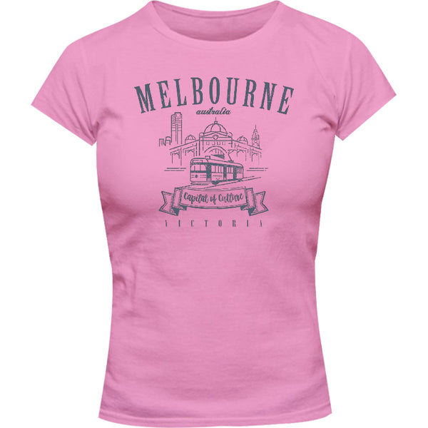 Melbourne Australia Vintage mono - Ladies Slim Fit Tee - Graphic Tees Australia