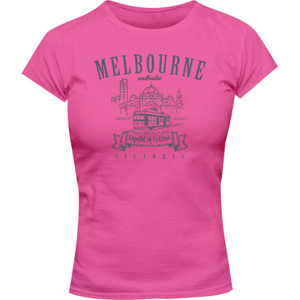Melbourne Australia Vintage mono - Ladies Slim Fit Tee - Graphic Tees Australia