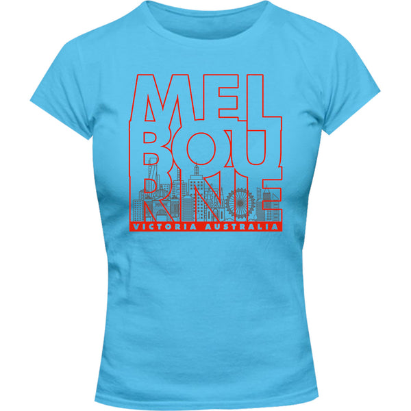 Melbourne Type Outline Skyline - Ladies Slim Fit Tee - Graphic Tees Australia