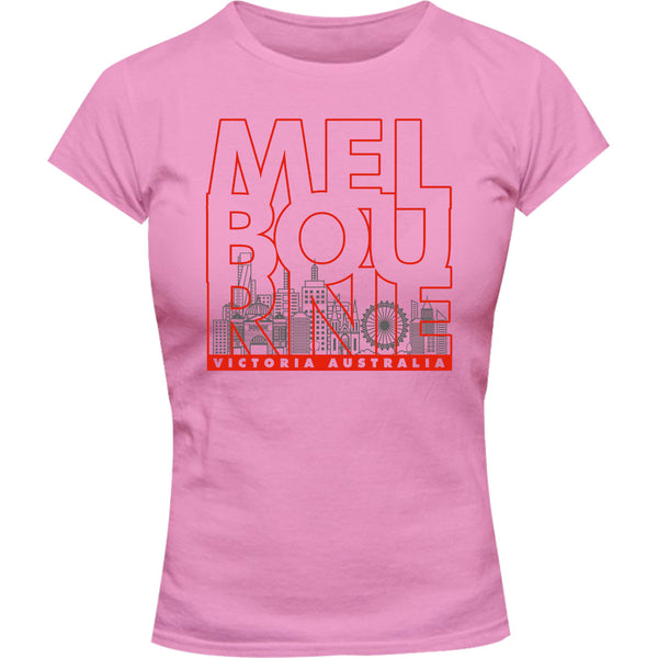 Melbourne Type Outline Skyline - Ladies Slim Fit Tee - Graphic Tees Australia