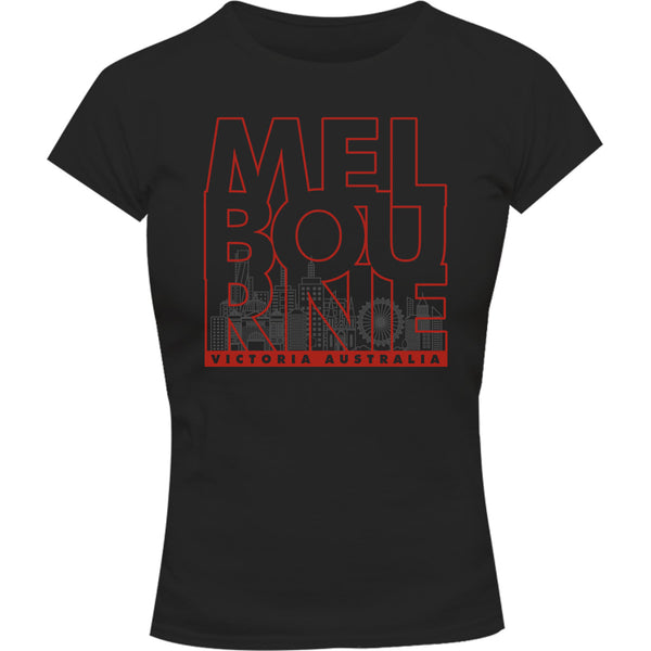 Melbourne Type Outline Skyline - Ladies Slim Fit Tee - Graphic Tees Australia