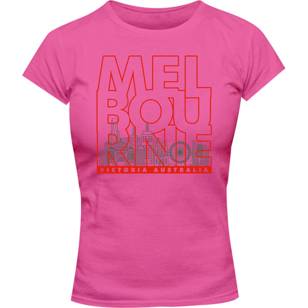 Melbourne Type Outline Skyline - Ladies Slim Fit Tee - Graphic Tees Australia