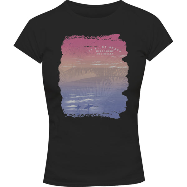 St Kilda Beach Melbourne Gradient - Ladies Slim Fit Tee - Graphic Tees Australia
