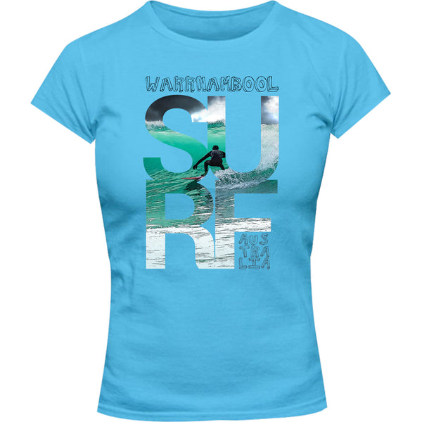 Warrnambool Surf Photo In Word - Ladies Slim Fit Tee - Graphic Tees Australia