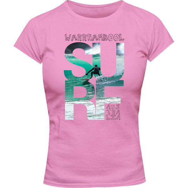 Warrnambool Surf Photo In Word - Ladies Slim Fit Tee - Graphic Tees Australia