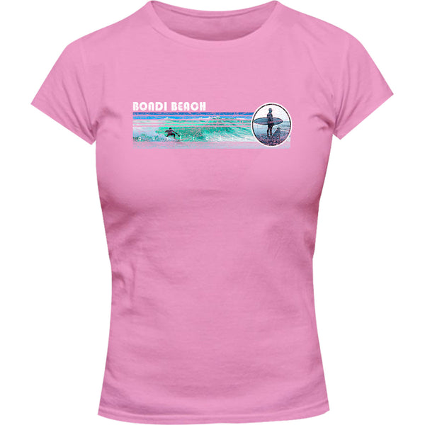 Bondi Landscape Surfer - Ladies Slim Fit Tee - Graphic Tees Australia