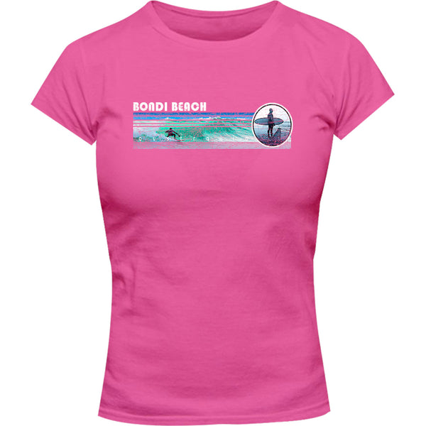 Bondi Landscape Surfer - Ladies Slim Fit Tee - Graphic Tees Australia