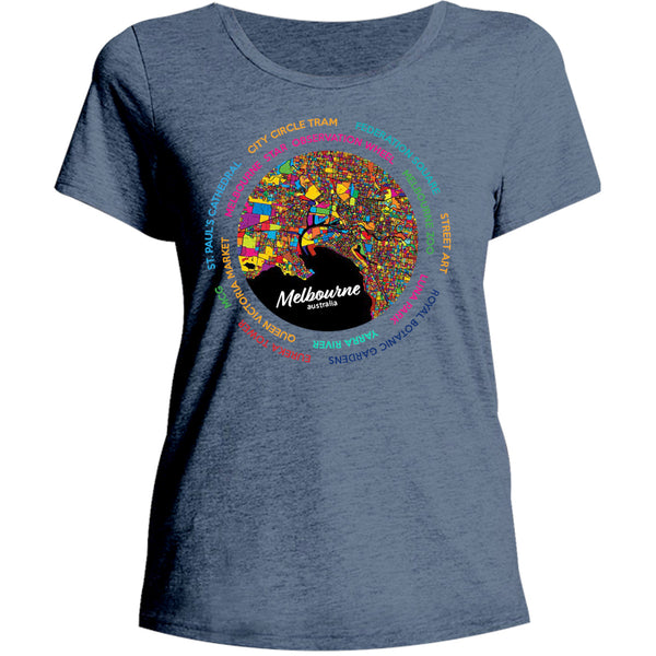 Melbourne Australia Colour Aerial Map - Ladies Relaxed Fit Tee - Graphic Tees Australia