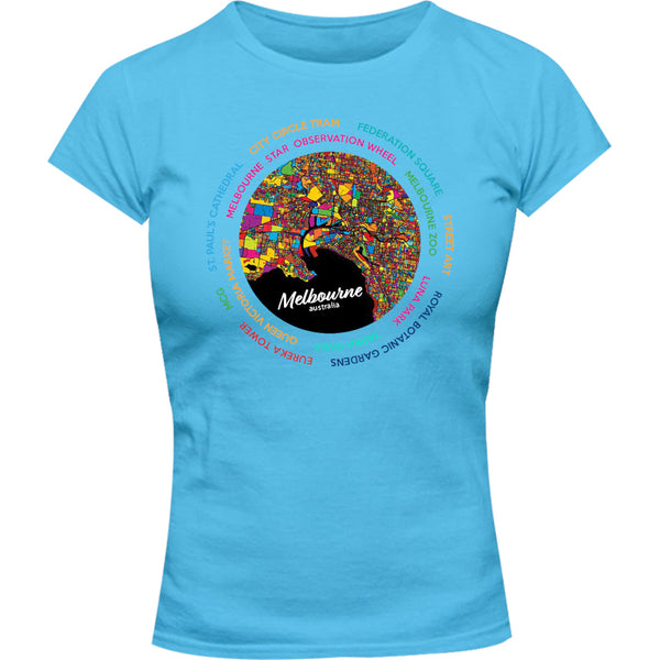 Melbourne Australia Colour Aerial Map - Ladies Slim Fit Tee - Graphic Tees Australia