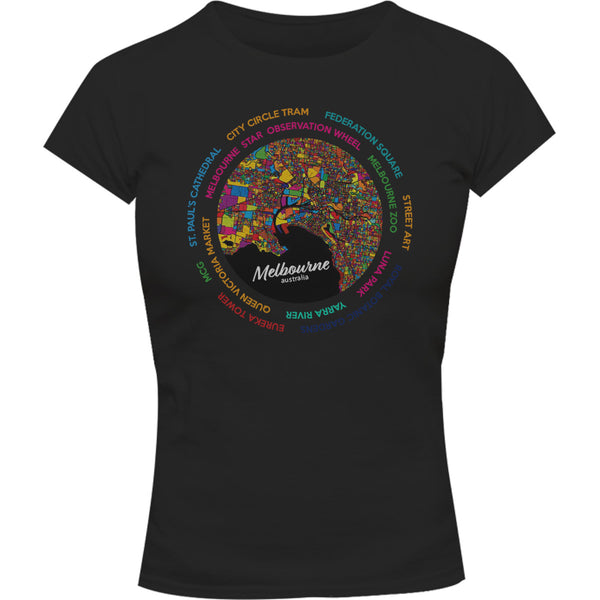 Melbourne Australia Colour Aerial Map - Ladies Slim Fit Tee - Graphic Tees Australia