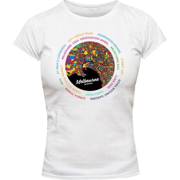 Melbourne Australia Colour Aerial Map - Ladies Slim Fit Tee - Graphic Tees Australia