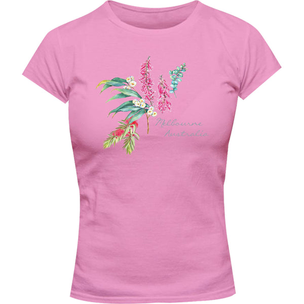 Melbourne Australia Floral - Ladies Slim Fit Tee - Graphic Tees Australia