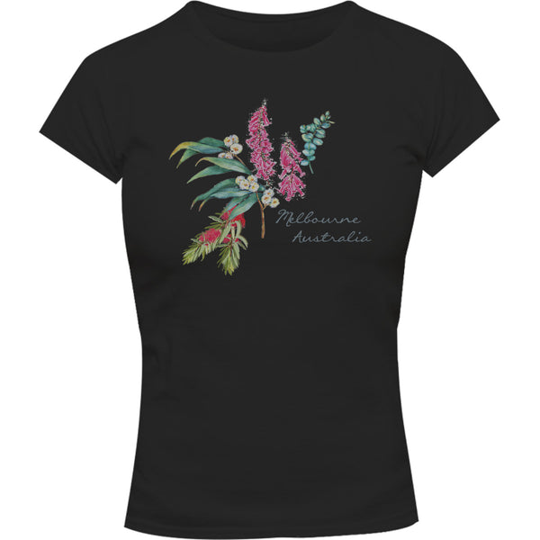 Melbourne Australia Floral - Ladies Slim Fit Tee - Graphic Tees Australia