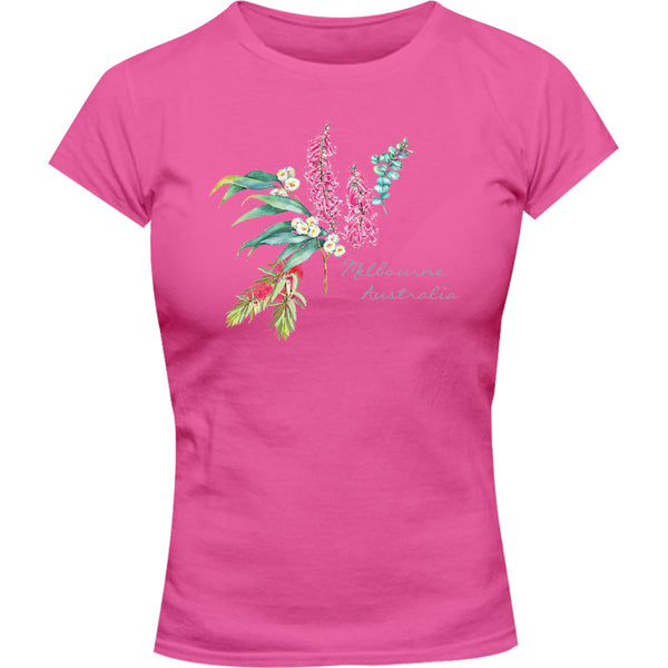 Melbourne Australia Floral - Ladies Slim Fit Tee - Graphic Tees Australia