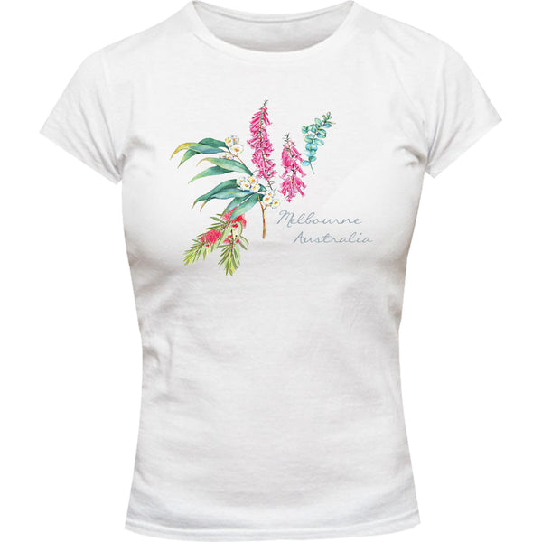 Melbourne Australia Floral - Ladies Slim Fit Tee - Graphic Tees Australia