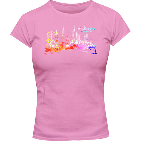 Melbourne Australia Watercolour Sketch - Ladies Slim Fit Tee - Graphic Tees Australia