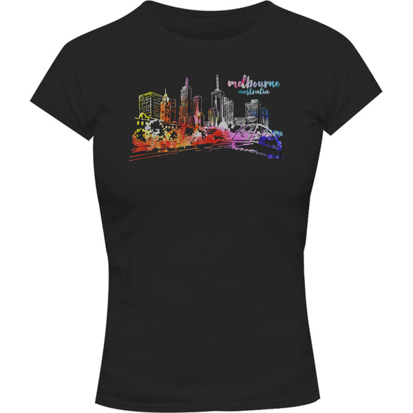 Melbourne Australia Watercolour Sketch - Ladies Slim Fit Tee - Graphic Tees Australia