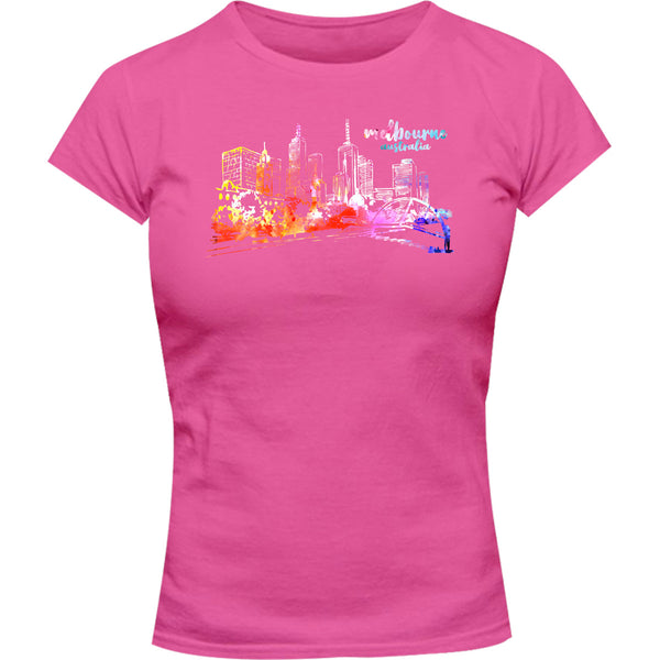 Melbourne Australia Watercolour Sketch - Ladies Slim Fit Tee - Graphic Tees Australia