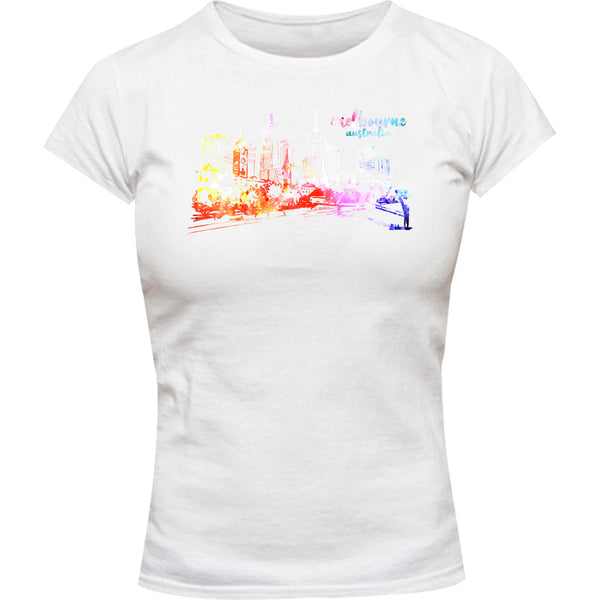 Melbourne Australia Watercolour Sketch - Ladies Slim Fit Tee - Graphic Tees Australia