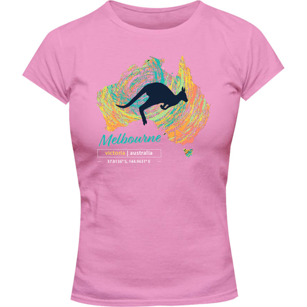 Melbourne Map Roo Swirl - Ladies Slim Fit Tee - Graphic Tees Australia