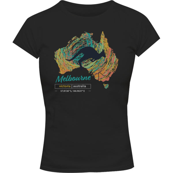 Melbourne Map Roo Swirl - Ladies Slim Fit Tee - Graphic Tees Australia