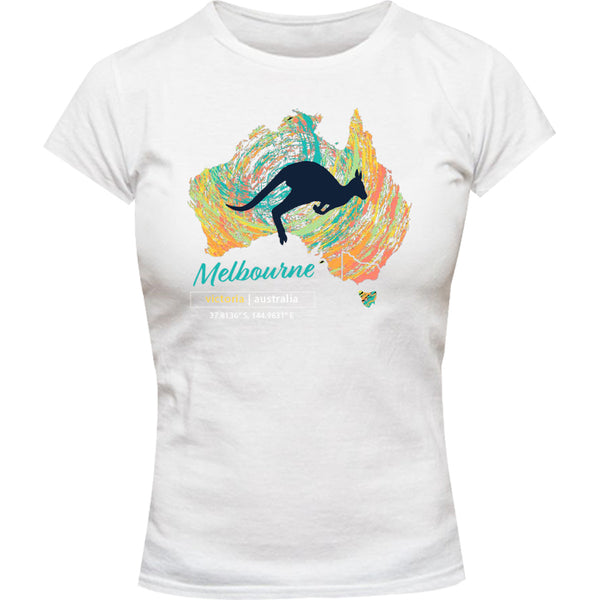 Melbourne Map Roo Swirl - Ladies Slim Fit Tee - Graphic Tees Australia