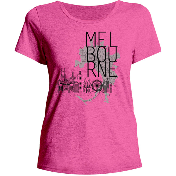 Melbourne Map Skyline Buildings - Ladies Relaxed Fit Tee - Graphic Tees Australia