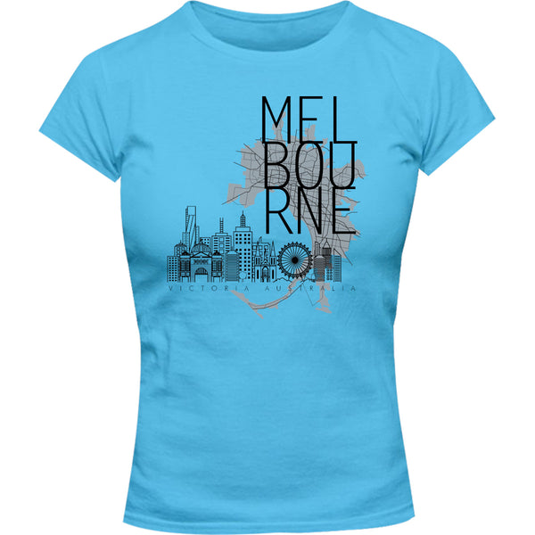 Melbourne Map Skyline Buildings - Ladies Slim Fit Tee - Graphic Tees Australia