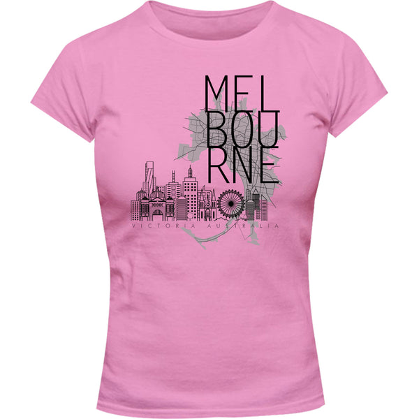 Melbourne Map Skyline Buildings - Ladies Slim Fit Tee - Graphic Tees Australia