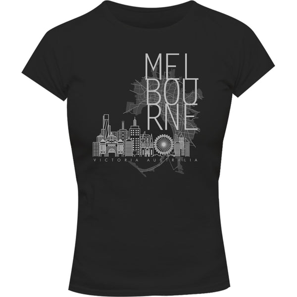 Melbourne Map Skyline Buildings - Ladies Slim Fit Tee - Graphic Tees Australia