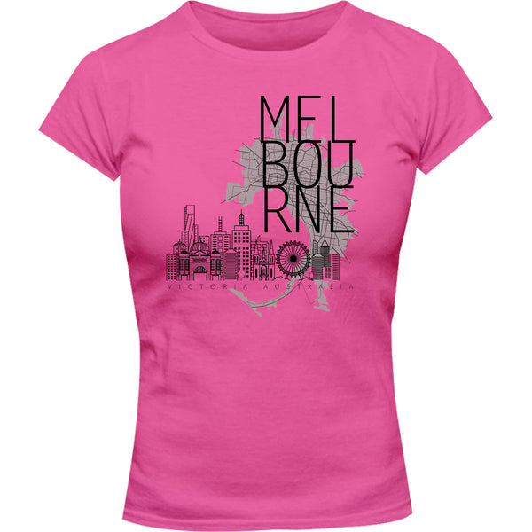 Melbourne Map Skyline Buildings - Ladies Slim Fit Tee - Graphic Tees Australia