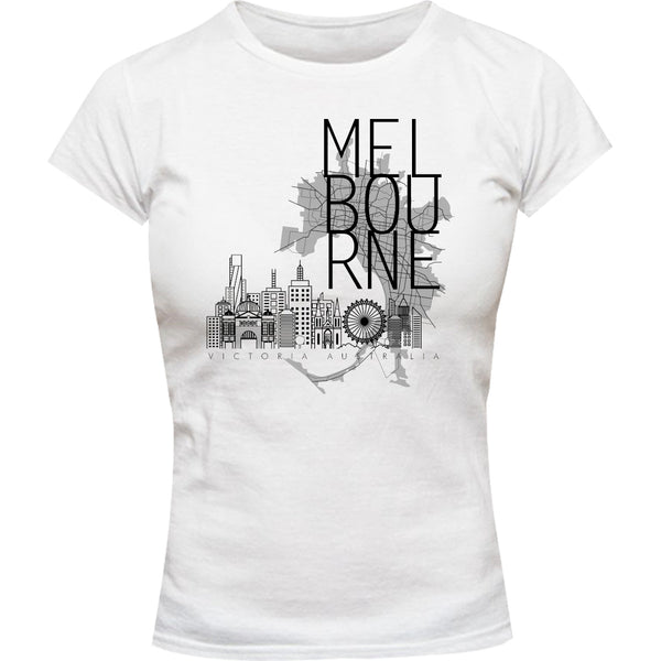 Melbourne Map Skyline Buildings - Ladies Slim Fit Tee - Graphic Tees Australia