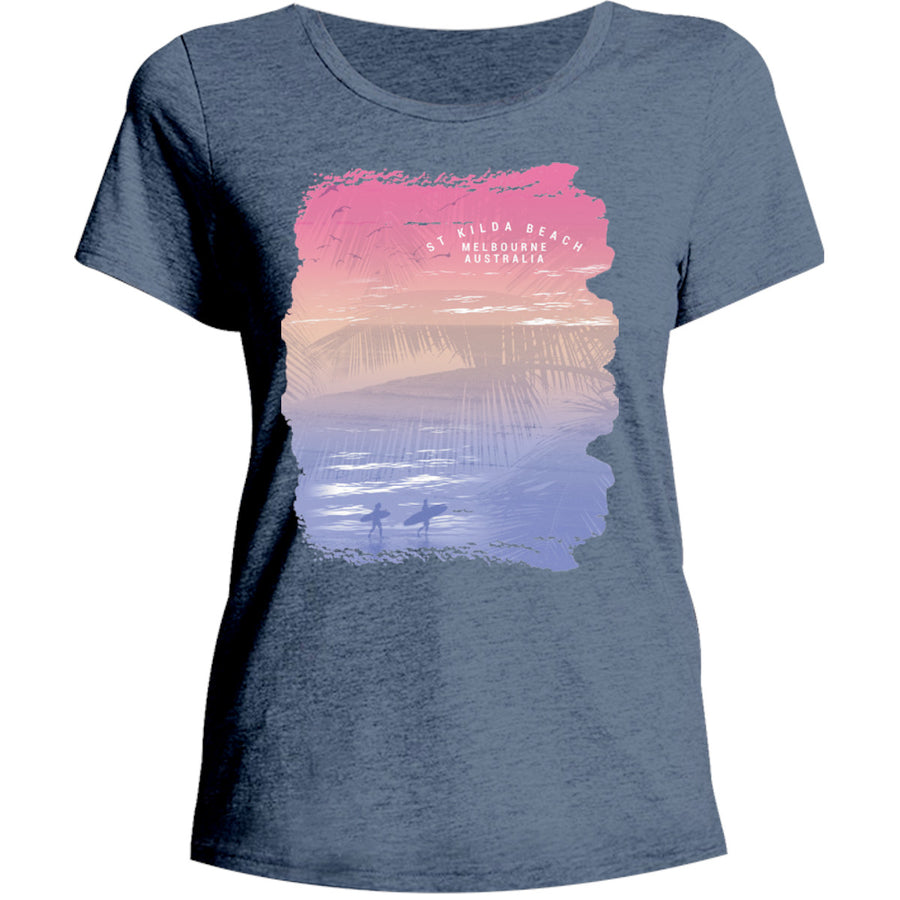 St Kilda Beach Melbourne Gradient - Ladies Relaxed Fit Tee - Graphic Tees Australia