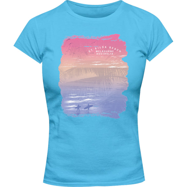 St Kilda Beach Melbourne Gradient - Ladies Slim Fit Tee - Graphic Tees Australia