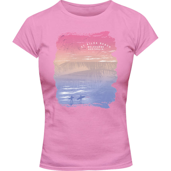 St Kilda Beach Melbourne Gradient - Ladies Slim Fit Tee - Graphic Tees Australia