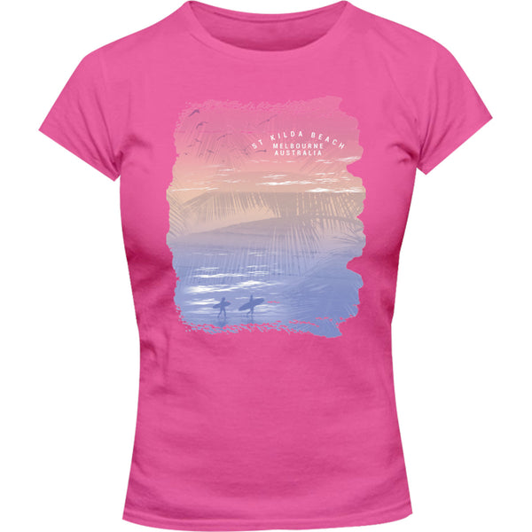 St Kilda Beach Melbourne Gradient - Ladies Slim Fit Tee - Graphic Tees Australia