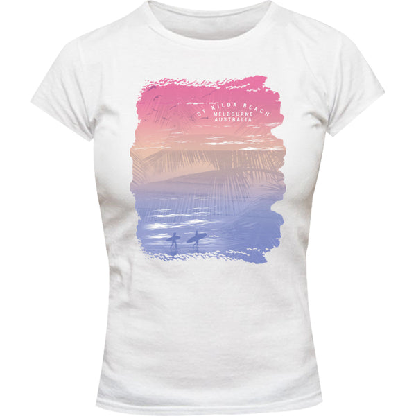 St Kilda Beach Melbourne Gradient - Ladies Slim Fit Tee - Graphic Tees Australia