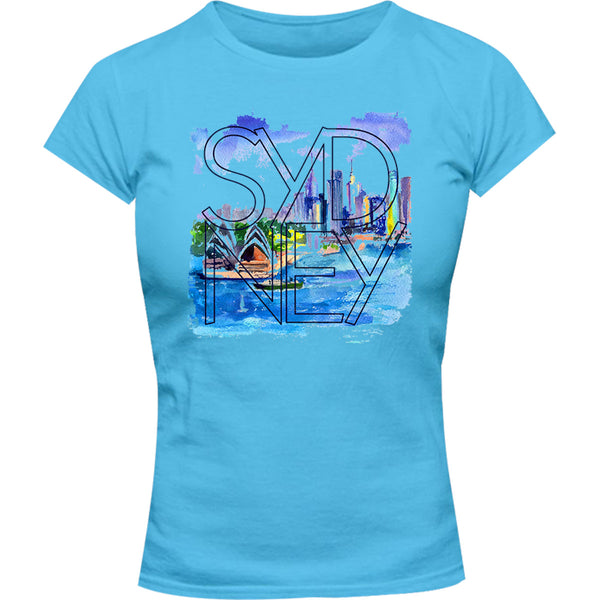 Sydney Painted Scenic Skyline - Ladies Slim Fit Tee - Graphic Tees Australia