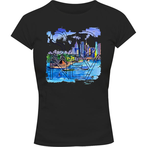 Sydney Painted Scenic Skyline - Ladies Slim Fit Tee - Graphic Tees Australia