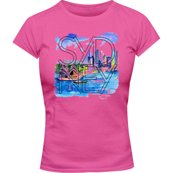 Sydney Painted Scenic Skyline - Ladies Slim Fit Tee - Graphic Tees Australia