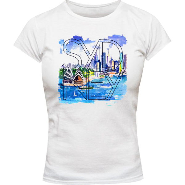 Sydney Painted Scenic Skyline - Ladies Slim Fit Tee - Graphic Tees Australia